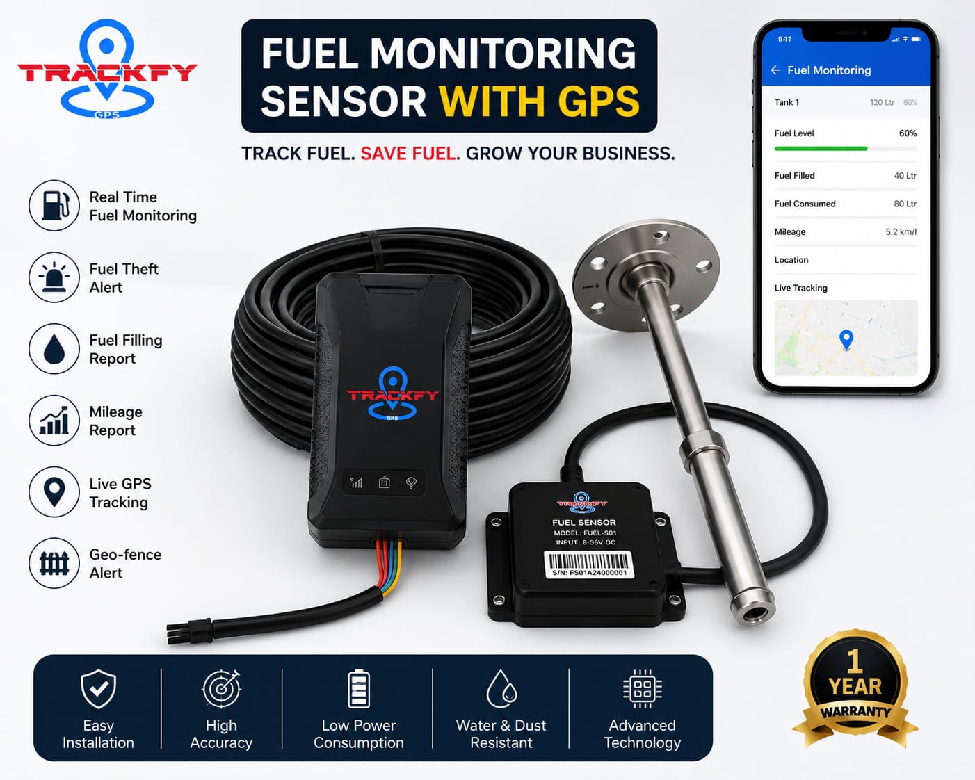 Fuel Sensor Lite - Diesel Level Monitoring Sensor for Trucks - Trackfy